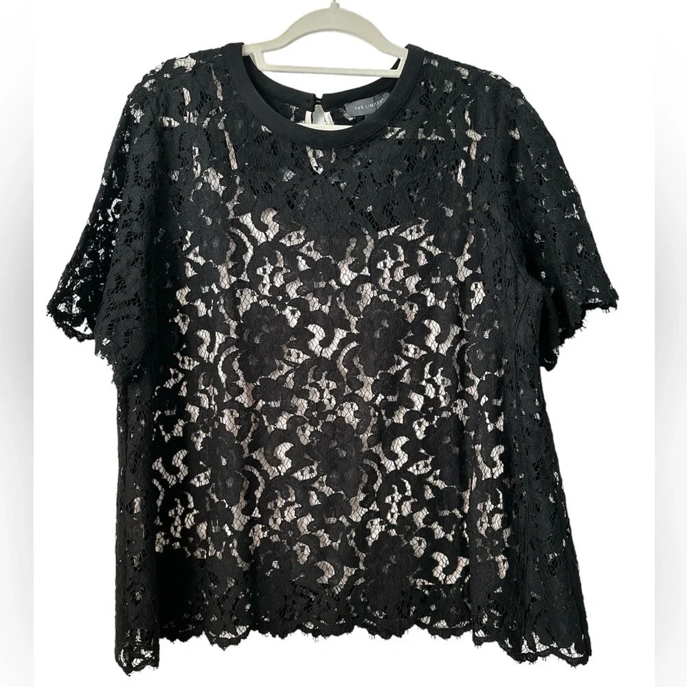 THE LIMITED Black Short Sleeves Laced Top PXL